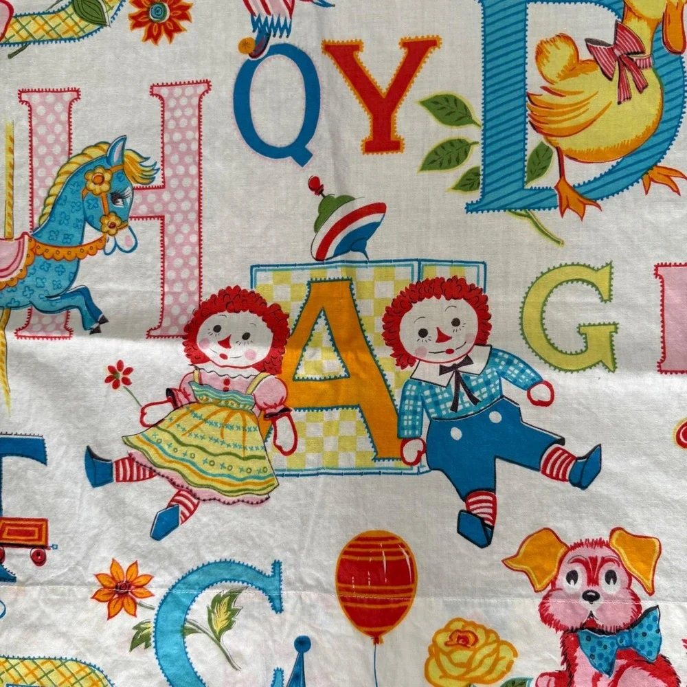 2 VTG Raggedy Ann Andy Fabric‎ Panels Curtains Kids Alphabet Toy Print MCM 34x41